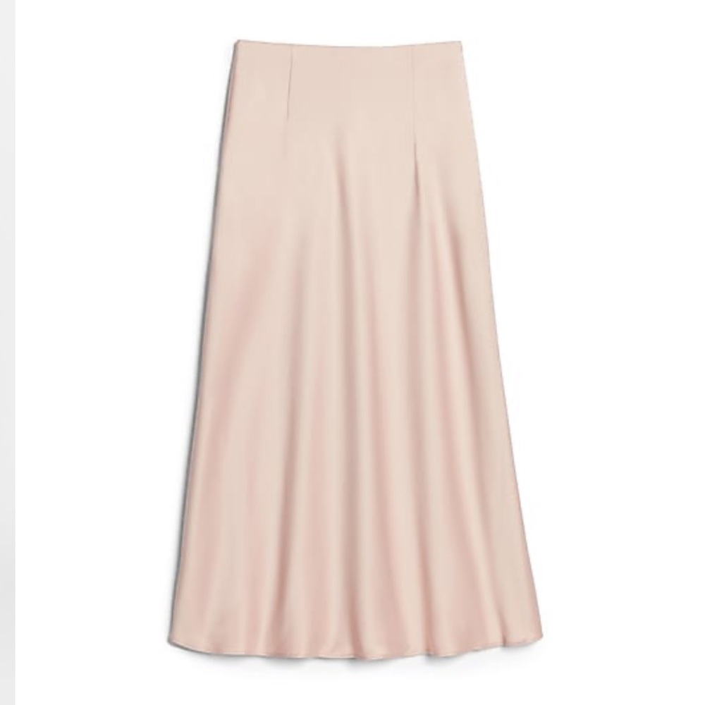Express “truffle pink” satin midi skirt, M